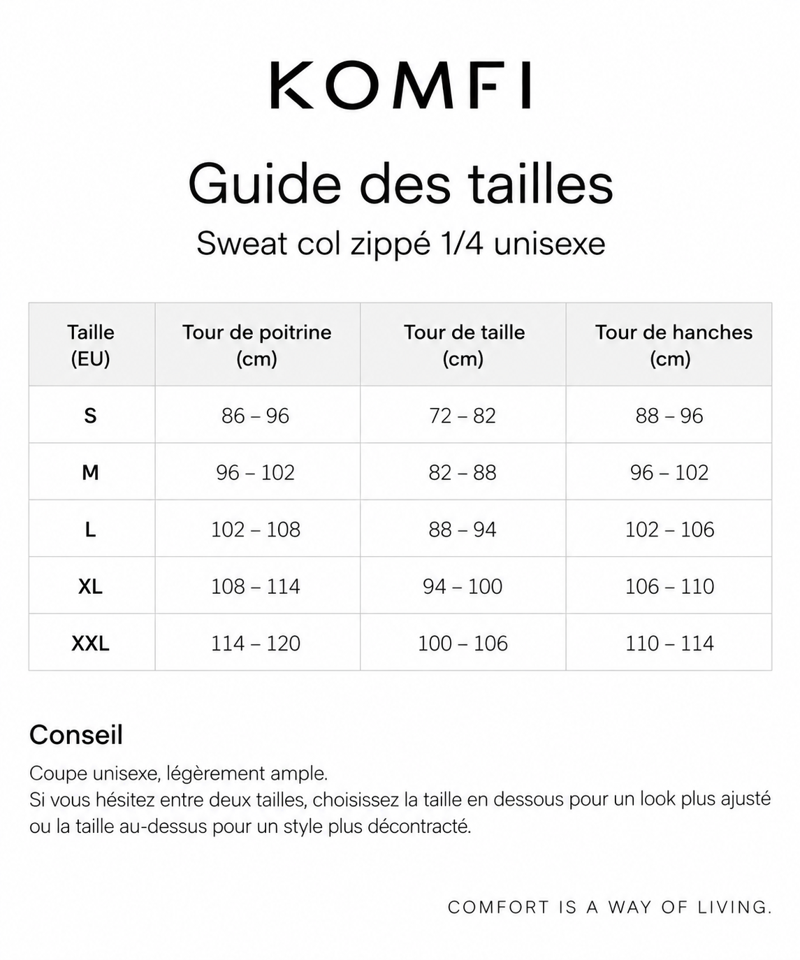 Guide des tailles KOMFI