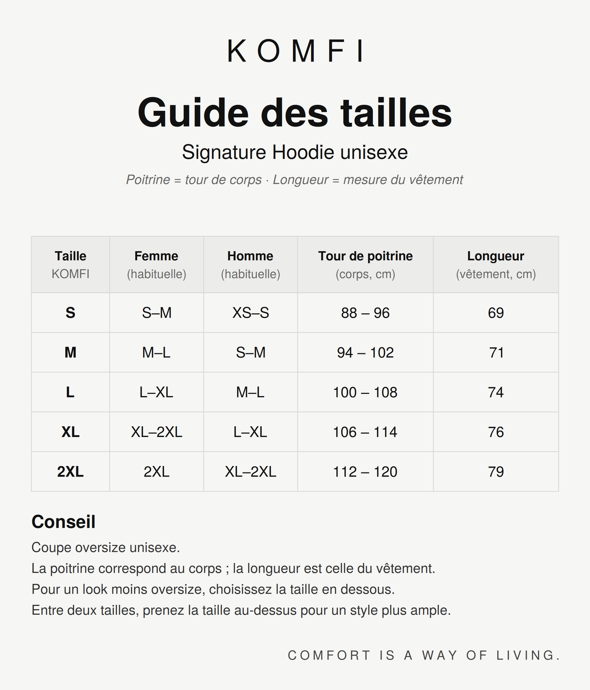 Guide des tailles KOMFI